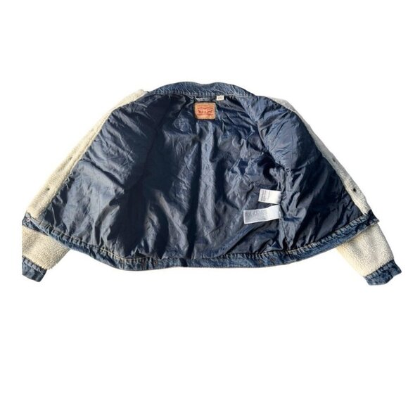 Levi’s Women's Sz L Pieced Sherpa Ex-Boyfriend Blue Trucker Jacket - Picture 14 of 15